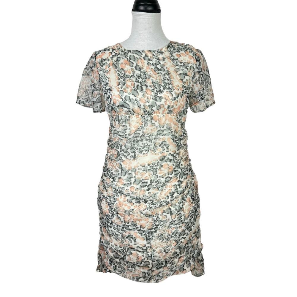 Storia | NWT Gray & Peach Leopard Animal Print Chiffon Ruched Cinched Mini Dress